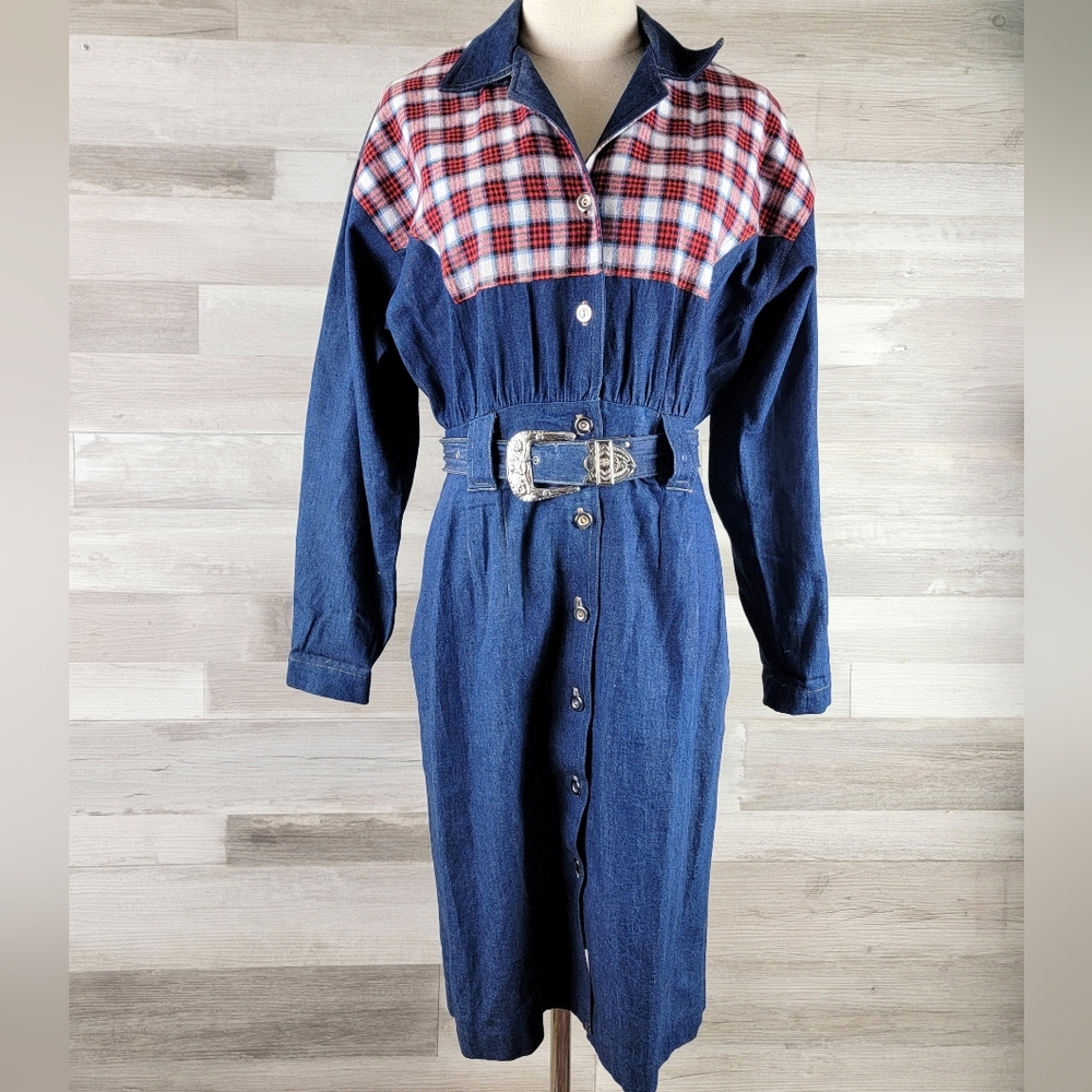 Vintage Carol Anderson Denim, Plaid Button Front Belted Dress Women's 5/6 USA - Picture 2 of 15